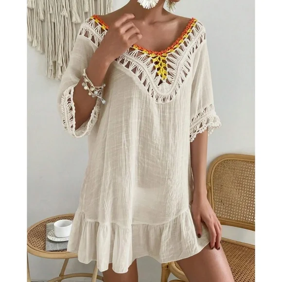 Boho Crochet Semi Sheer Half Sleeve Open Back Beach Coverup - Picture 3 of 5